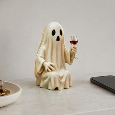 Lazy Ghost Figurine Halloween Skeleton Figurine, Spooky Drunk Holding Wine Glass Resin Sculpture, Gothic Desk Ornament Decor for Bar Bookshelf,