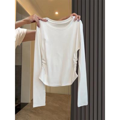 White Bottoming Shirt Women's Waist Pleated Top Spring Spice Girl Front Shoulder Thin Inside Short Long-sleeved Shirt