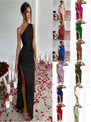 2025 One-Shoulder Ruched Slit Sexy Satin Dress - European & American Summer Slimming Style