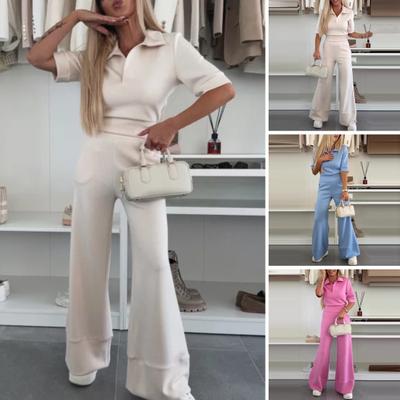 2Pcs/Set Women Casual Shirt Pants Suit Solid Color Spring Summer Turn Down Collar Short Sleeve Top High Waisted Wide Leg Pants Long Trousers
