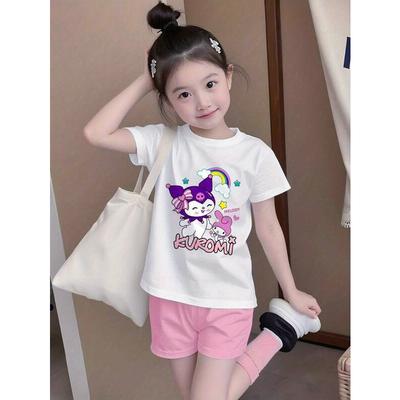 European Sizes Girls T Shirt Cute Print Pink Black Anime Tee Soft Round Neck Short Sleeve Top for Kids 3-13 Years Old