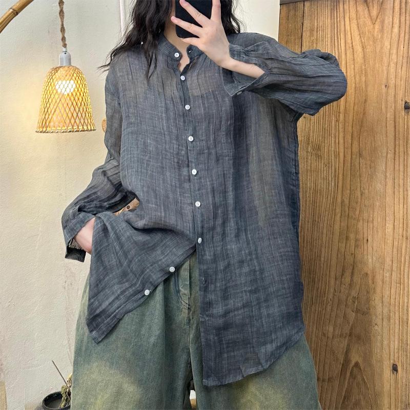 2026 Spring/Summer Casual Stand Collar High-End Ramie Buttoned Shirt L