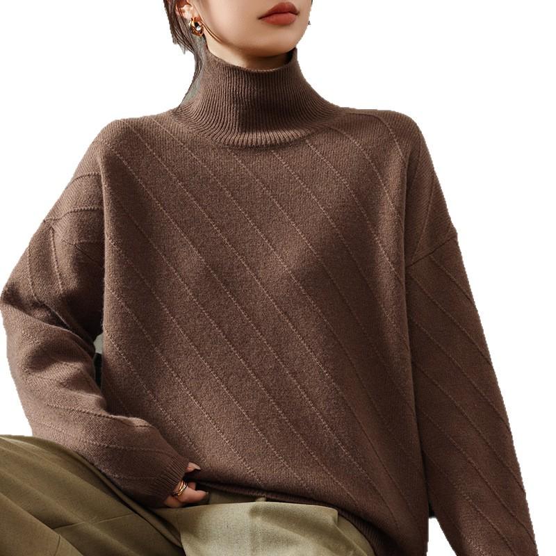 Women's High Neck Jacquard Wool Sweater - Thick, Loose Fit, Lazy Style
