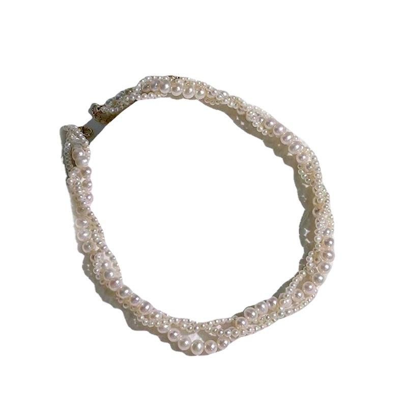 Natural freshwater pearl neck chain, three-layer choker necklace, female collarbone chain 11k gold injection, retro high-end light luxury