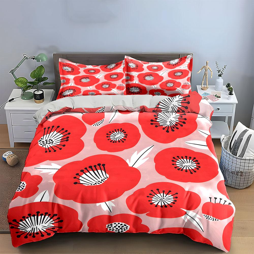 Red Floral Bedding Set Design  Kid'S And Adults' Bedroom Decor, Exquisite Three-Piece Bedding Set Gift