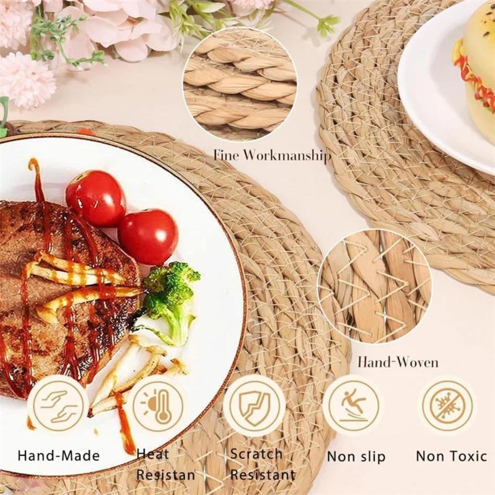 Straw Braided Round Handwoven Rattan Placemats Non-Slip Heat Resistant Heat Insulation Mats Woven Placemats Home Decoration