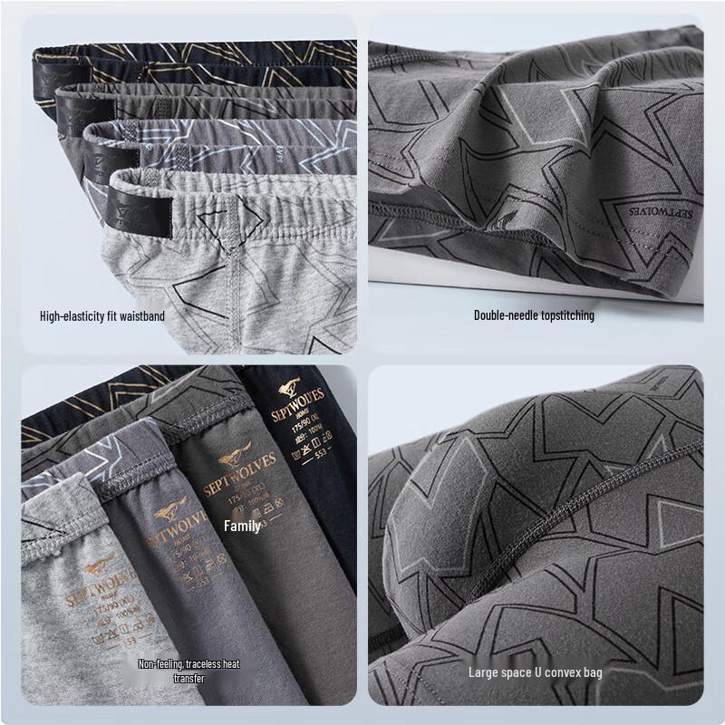 Septwolves Men's 7A Antibacterial 100% Cotton Boxer Briefs