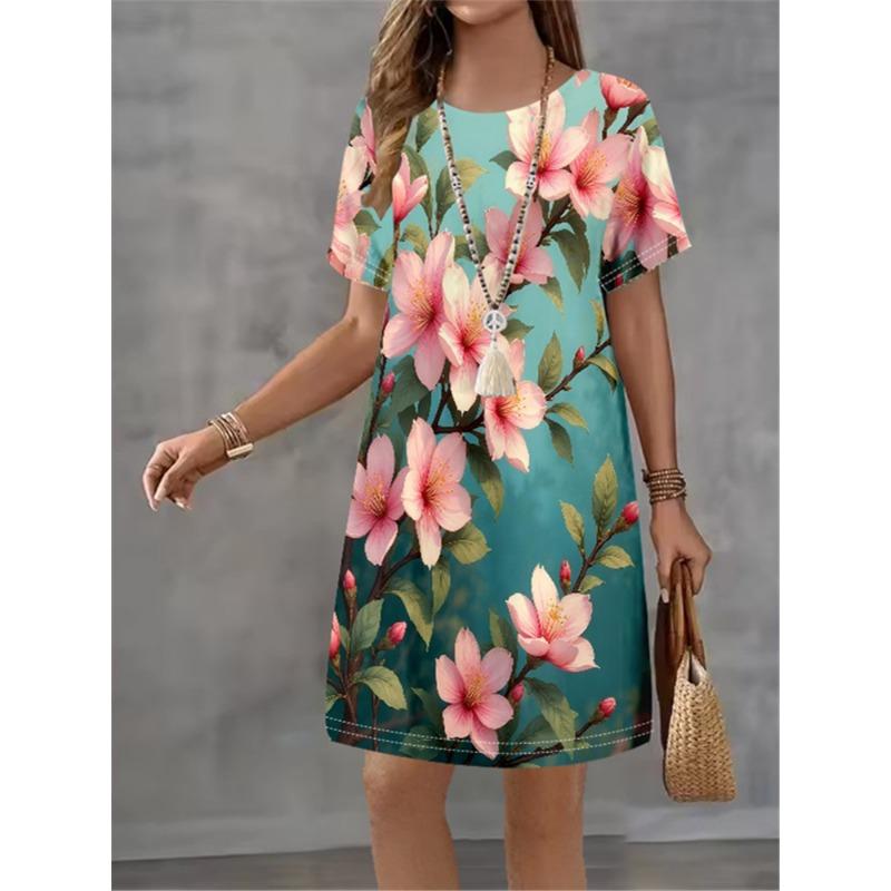 

Tropical Leaf Print, Short Sleeve T-Shirt Dress, Summer Floral Mini Dress, Vacation Beach Sundress, Casual Loose Fit S