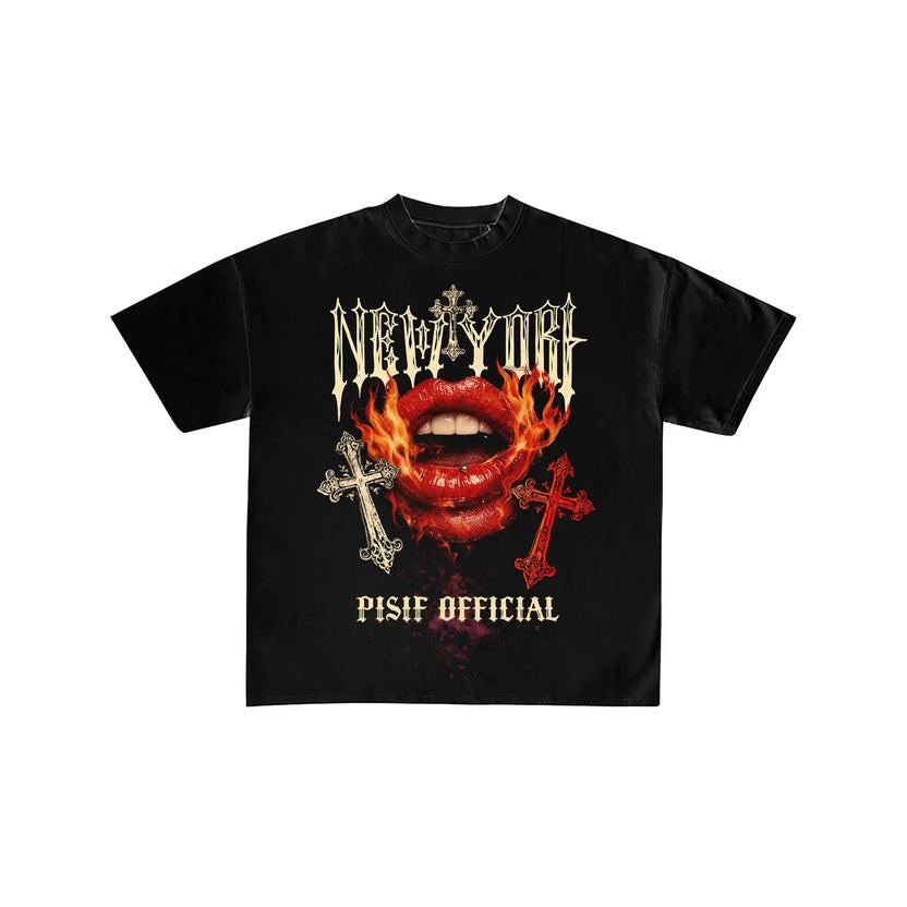 New York Gothic Fire Lips Graphic Streetwear Tee S