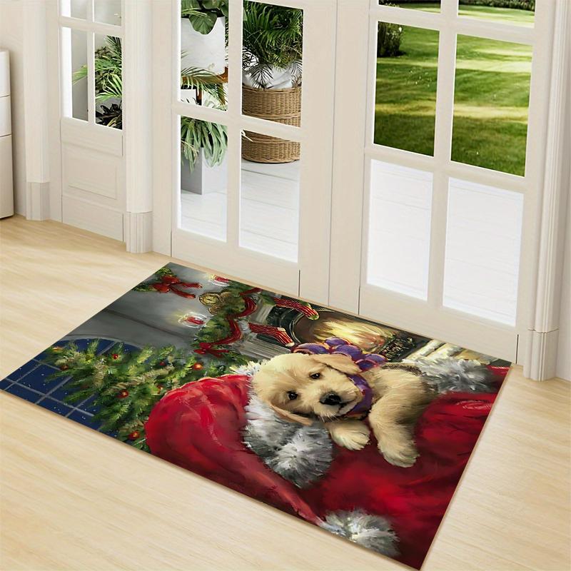 Christmas Pup Fire Carpet Rug Soft Washable Anti Slip Home Living Room Sofa Mats Personalized Christmas Rug