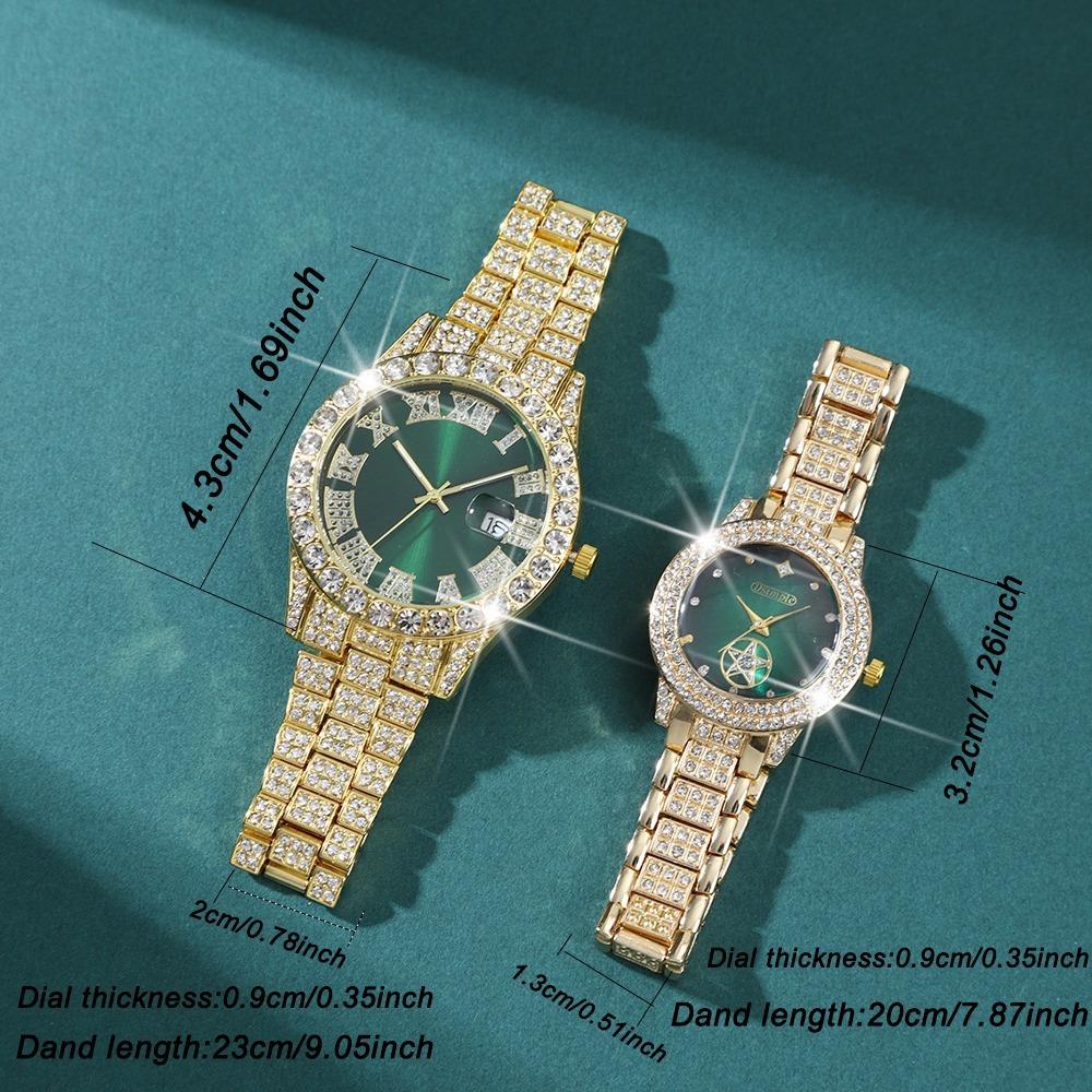 2 Pcs/Set Couple's Watch Set Luxury Rhinestone Set Quartz Watch Analog Elegant Green Dial Watch Ideal for Men and Women