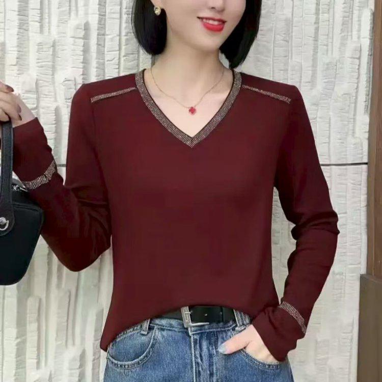 2025 Podzim Dámské V-neck Jednobarevné S dlouhým rukávem Volné Zeštíhlující Základní Tričko