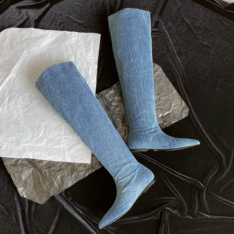 Krazing Pot Denim Jeseň Zima Špicatá špička Hrubé nízke podpätky Západné čižmy na zips Dámske vysoké čižmy v punkovom štýle