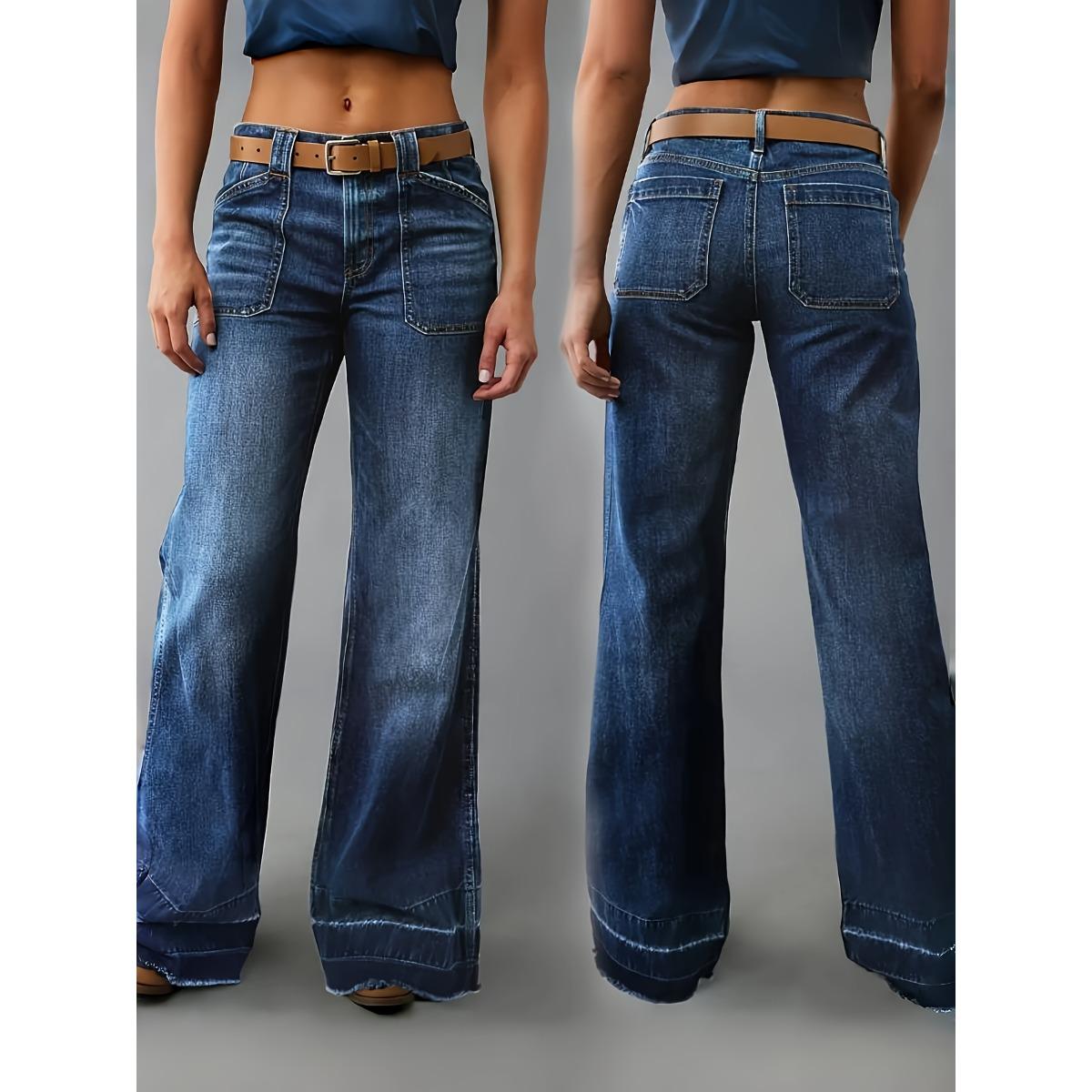 

Женские джинсы широкого кроя, элегантные, средней посадки, застежка на пуговицы, универсальная повседневная одежда на все времена, удобная и стильная, стильная повседневная одежда, тканые ткани XL средний синий