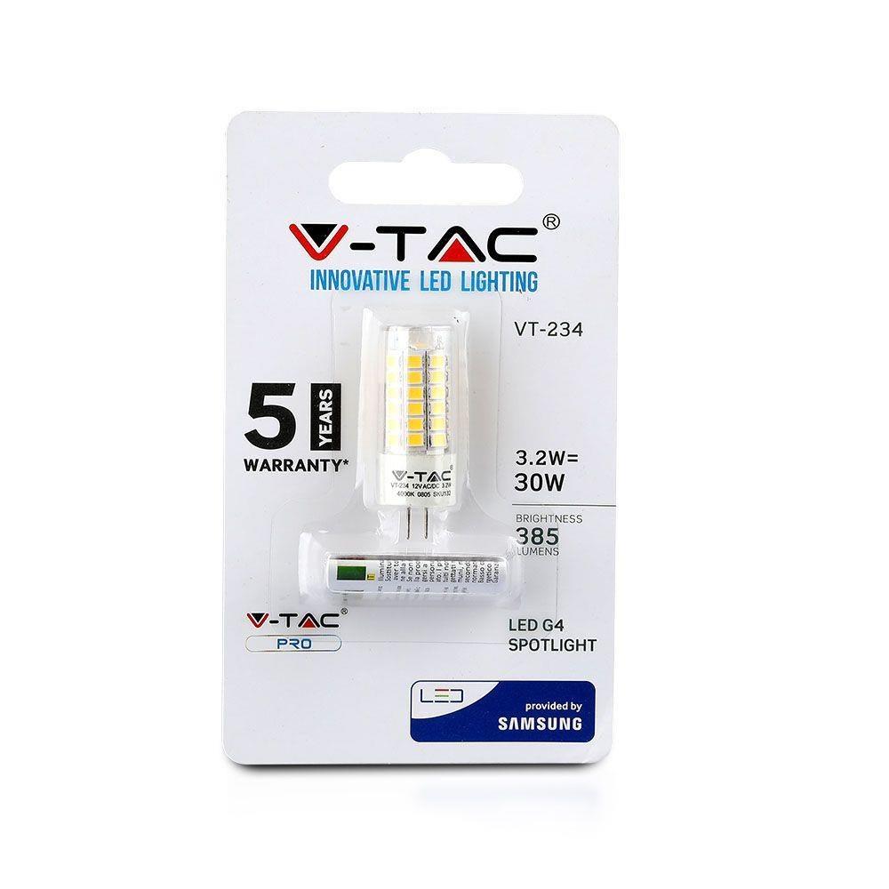 V-TAC LED Bulb 3.2W G4 12V VT-234 3000K 385lm LED Module SAMSUNG 5 Years Gw