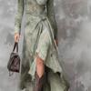 Retro Light Chinese Style Printed Long-Sleeve Holiday Dress