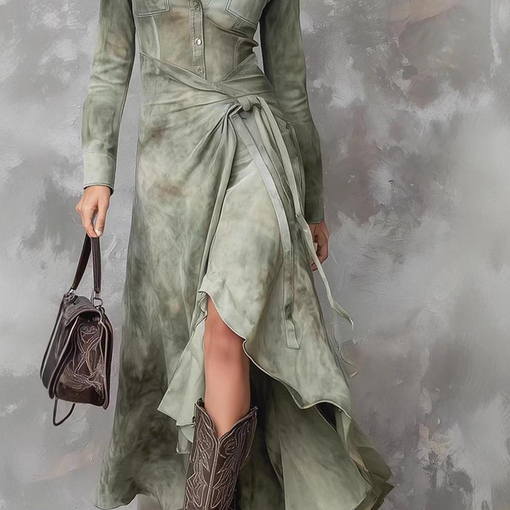 Retro Light Chinese Style Printed Long-Sleeve Holiday Dress