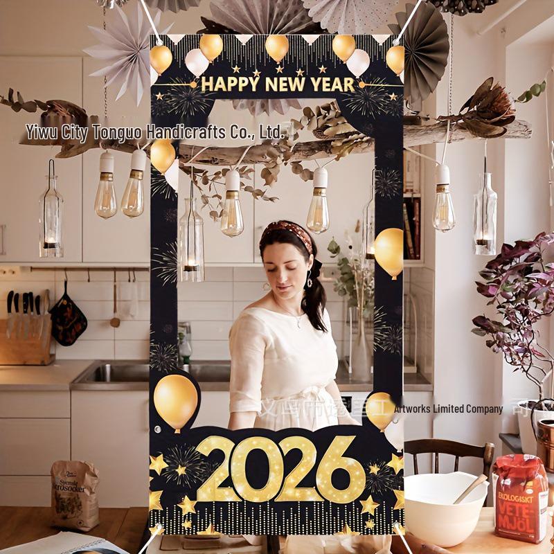 

2026 Black and Gold New Year Photo Frame Banner for Party Decorations 120x60cm