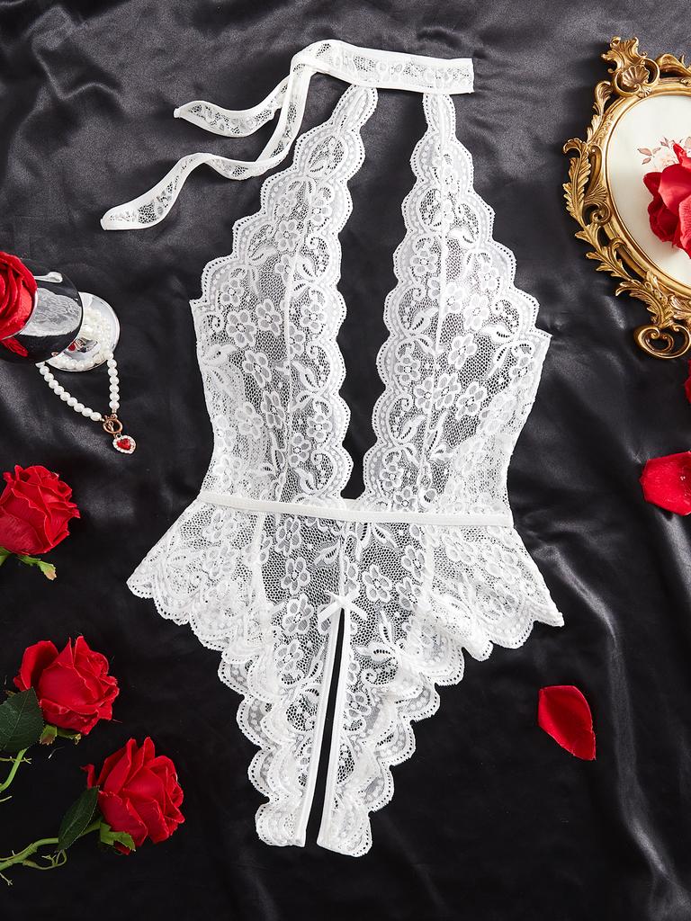 Deep V White Lace Sexy Lingerie For Women Transparent Underwear Set Crotchless Open Ass Bodysuit Female Teddies Erotic Outfits