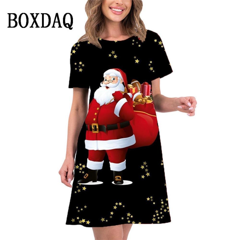 2026 new summer women's elegant christmas tree print mini dress short-sleeved loose casual beach sweet dress