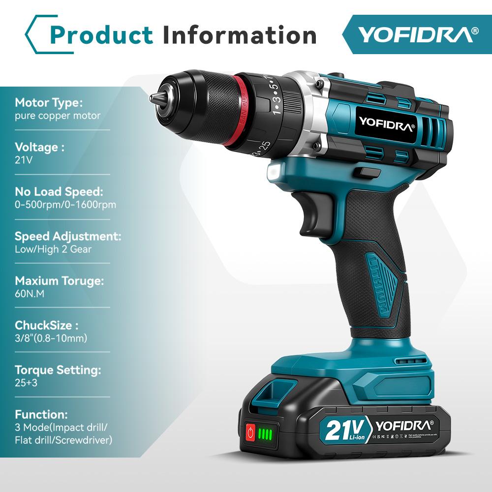 YOFIDRA 3IN1 Electric Impact Drill 25+3 Torque Handheld Cordless Impact Drill Woodworking Power Tool For Makita 21V Battery Pin