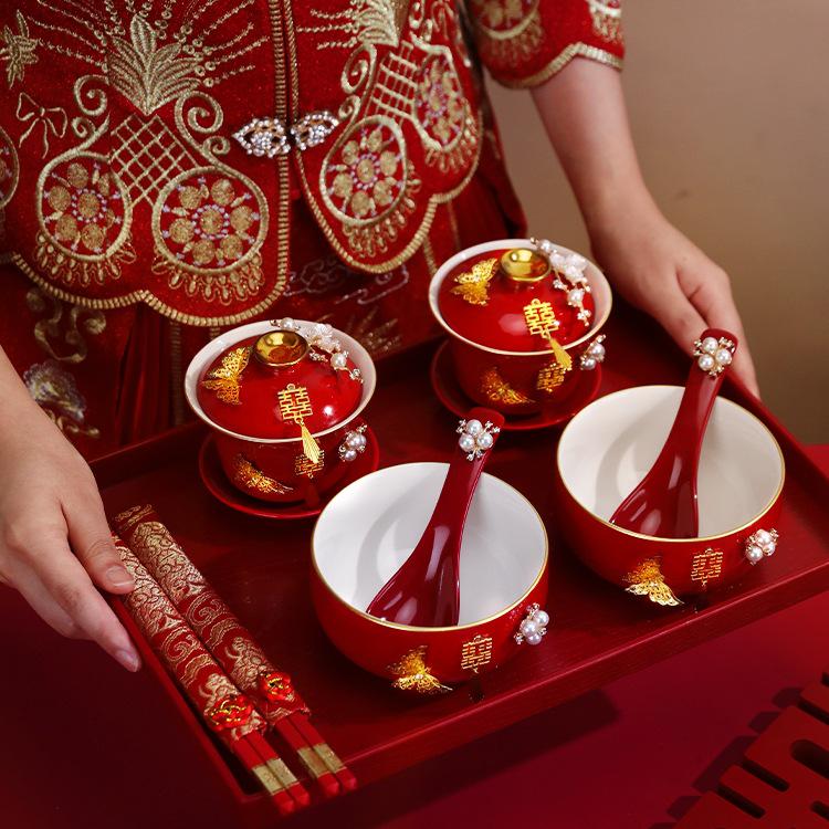 Wedding Tea Set: Red Bowls, Cups, and Chopsticks for Bride's Dowry