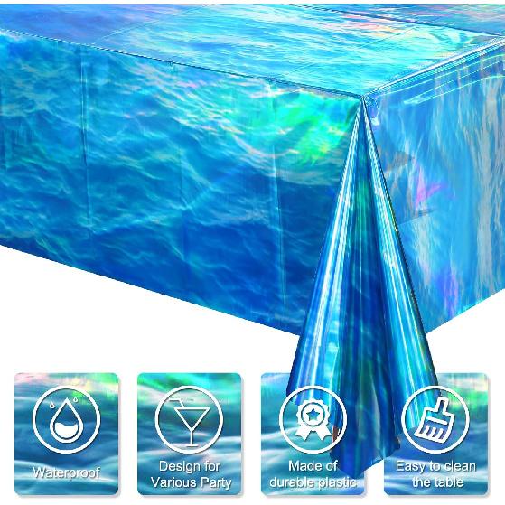3 Pcs Iridescent Waves Tablecloths - Disposable Plastic Ocean Blue Table Cloth Rectangle Table Covers for Under the Sea Beach Surf Pool Party