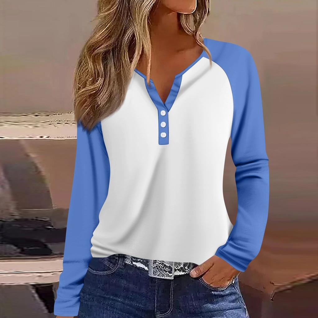 Women's T Shirt Color Block Button Long Sleeve Daily Weekend Fashion Basic V- Neck Regular Top