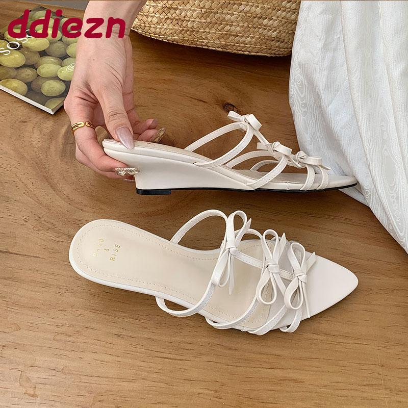 Fashion Spring Summer Ladies Low Heel Wedges Slippers Slides Shoes Fashion Butterfly-Knot Women Wedges Slippers Shoes Female Sandals