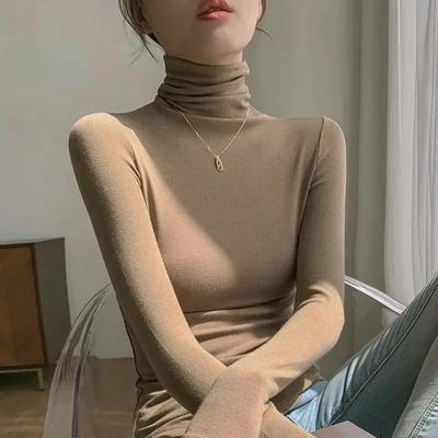 Camiseta interior de cuello alto fina y ajustada de color liso para mujer, jersey de manga larga, sencillo e informal, moda coreana, otoño e invierno