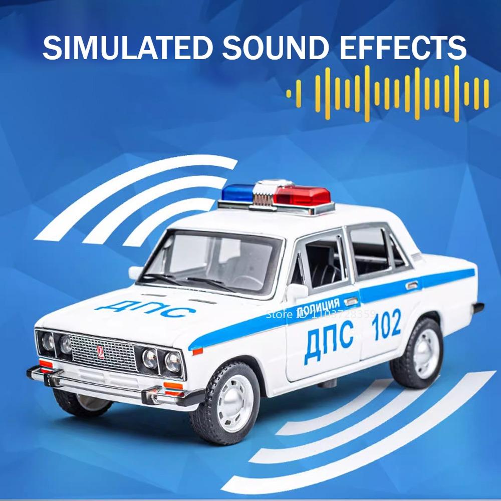 1:24 Lada 2106 Police Car Model Toy Metal Diecast Vintage Cars Sound Light Doors Opened Pull Back Simulation Vehicles Kids Gifts