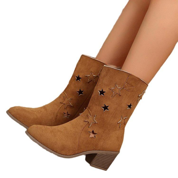Large Size Pentagram Hollow Knight Boots Autumn and Winter Suede Polished Medium Tube But Knee Retro Women's Boots