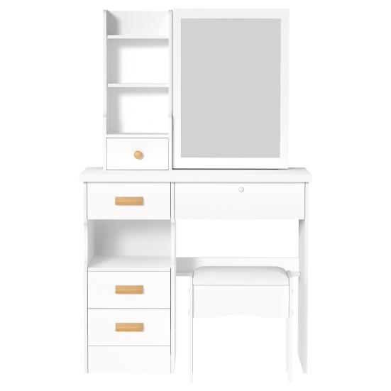 Vanity Desk with Sliding Mirror, Bedroom Dressing Table, Makeup Table with 5 Drawers & Shelves, Hidden Storage Space
