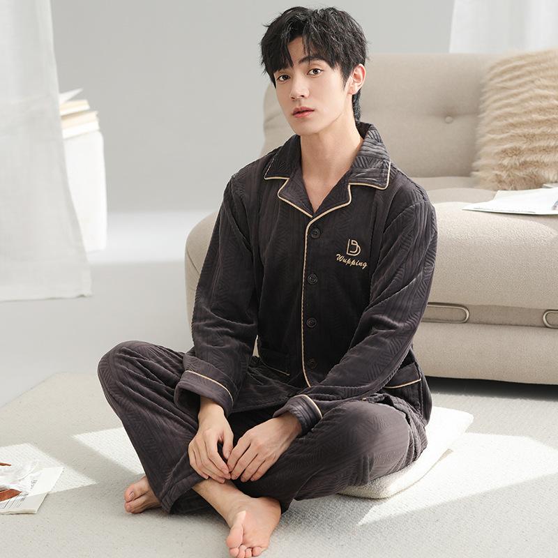 Pajamas Men'S Autumn And Winter Island Fleece Thickened Fleece Long Sleeve Coral Fleece Large Size Loungewear Spring And Autumn Warm Suit