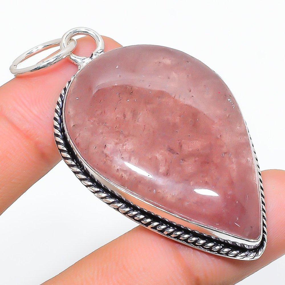 Natural Strawberry Quartz Gemstone 925 Sterling Silver Pendant 2.56" Y1g55
