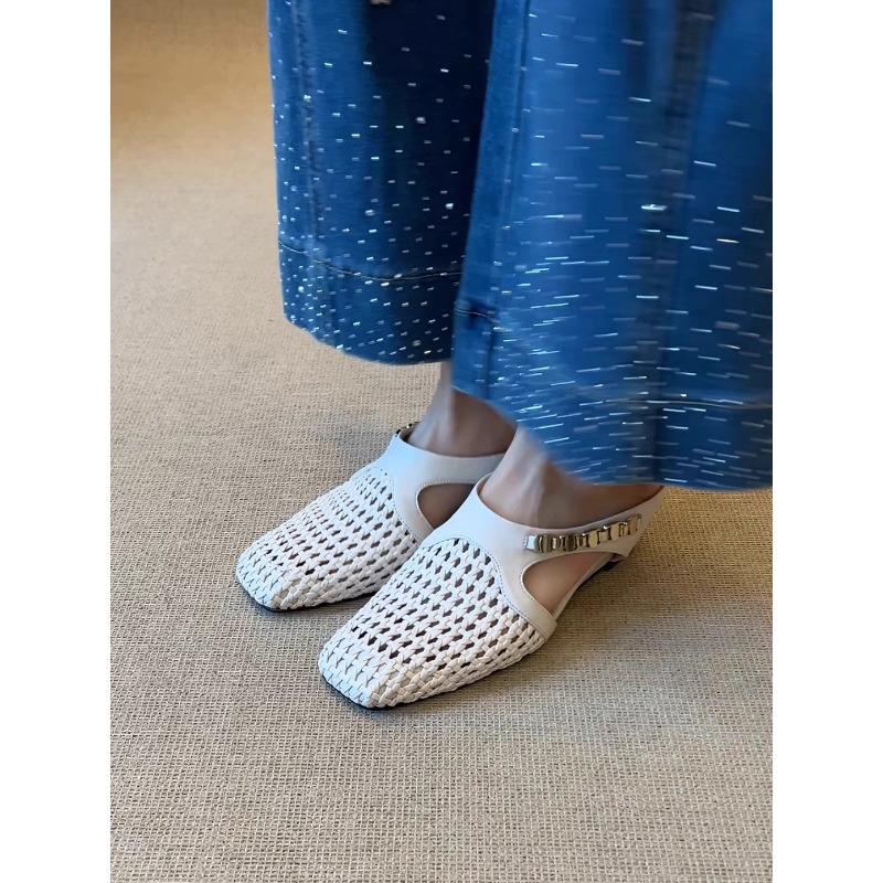 Moda 2025 Wiosna Lato Moda Tkane Obcasy Damskie Klapki Mules Oddychające Ażurowe Kwadratowe Obcasy Klapki Damskie Sandały