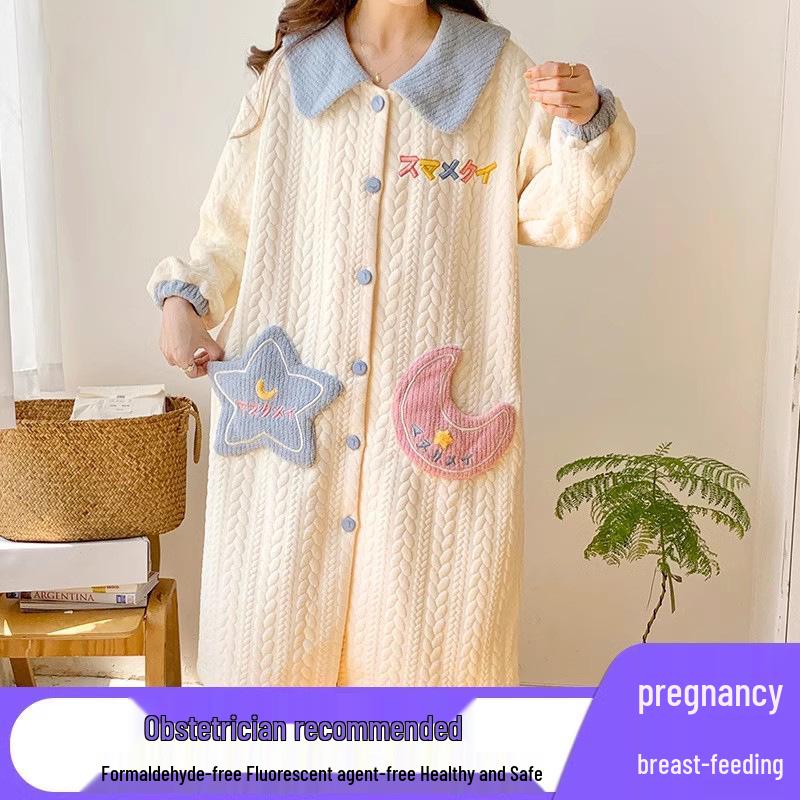 New Style Air Cotton Maternity Nursing Nightdress – Long Sleeve, Suitable for Autumn/Winter, Perfect for Postpartum/Breastfeeding