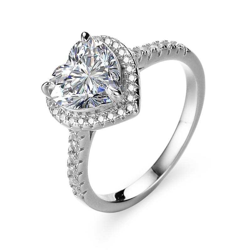 2 Carat D VVS GRA Certified Platinum Plated 925 Sterling Silver Moissanite Engagement Ring Women Heart Shape Classic Prong