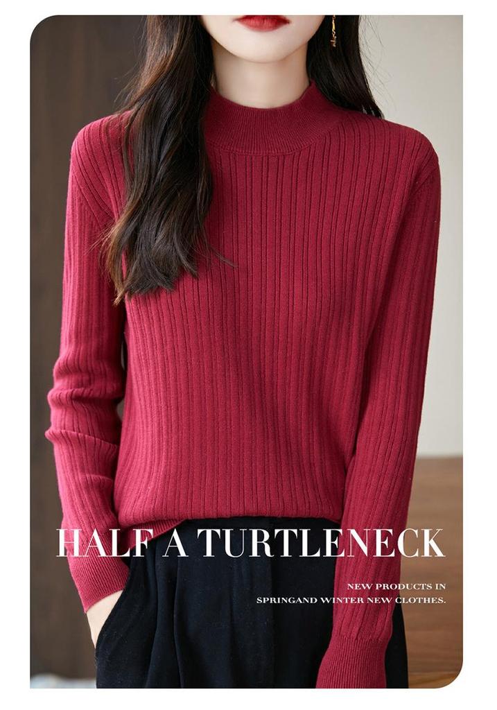 Women's Uneven Stripe Ribbed Cotton Knit Sweater - Half-High Neck Autumn/Winter Inner Layer Top