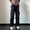 Men Cargo Pants Mid-rise Drawstring Multi Pockets Design Leisure Trousers Solid Color Wide Leg Outdoor Camping Pants Plus Size