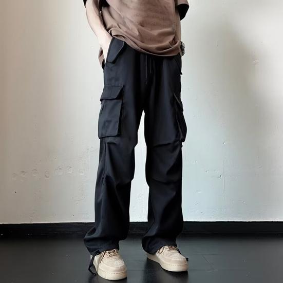 Men Cargo Pants Mid-rise Drawstring Multi Pockets Design Leisure Trousers Solid Color Wide Leg Outdoor Camping Pants Plus Size