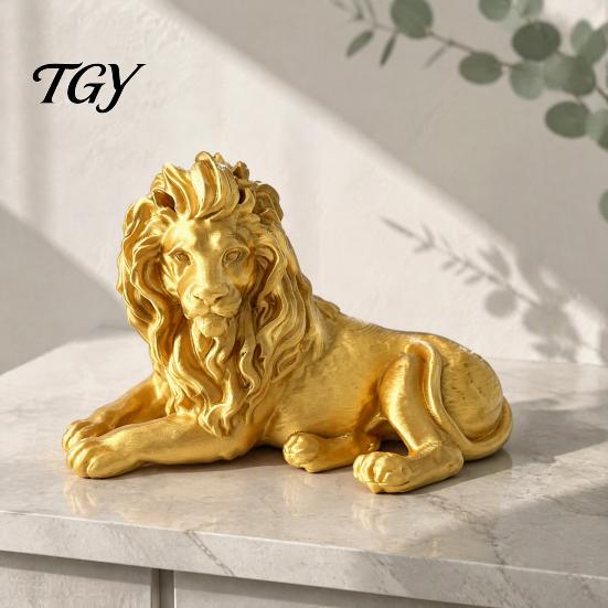 Modern Desktop Ornament Golden Lying Lion Resin Figurine, 3D Printed Recumbent Statue, Sculpture for Office Desk Bookshelf Wine Cabinet Tabletop