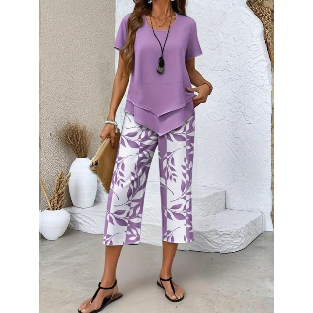 Women Summer Fashion Two Piece Set, Stylish Slimming Short Sleeve Top, High Waist Wide Leg Pants, Elegant Casual Matching Outfit
