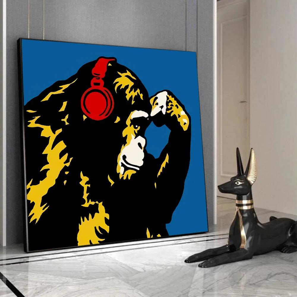 Colorful Gorilla Monkey Chimpanzee Earphones Art Canvas Wall Art Fun Animal Canvas Painting Living Room Home Decoration