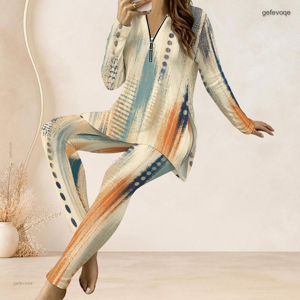 Women Plus Size Beige Blue Orange Printed Two Piece Set Half Zip Long Sleeve Longline Top Fitted Pants