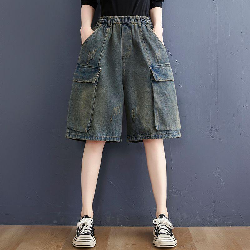 

Plus-Size Women s High-Waist Retro Denim Shorts - Distressed, Washed, Wide-Leg, Five-Point, Versatile Summer Wear S (recommended under 100 jin) синий