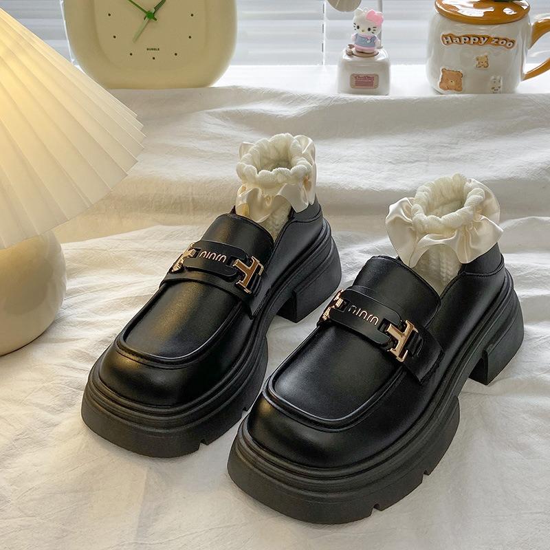 thick-soled black retro thick-heeled small leather shoes women's new spring and autumn single shoes