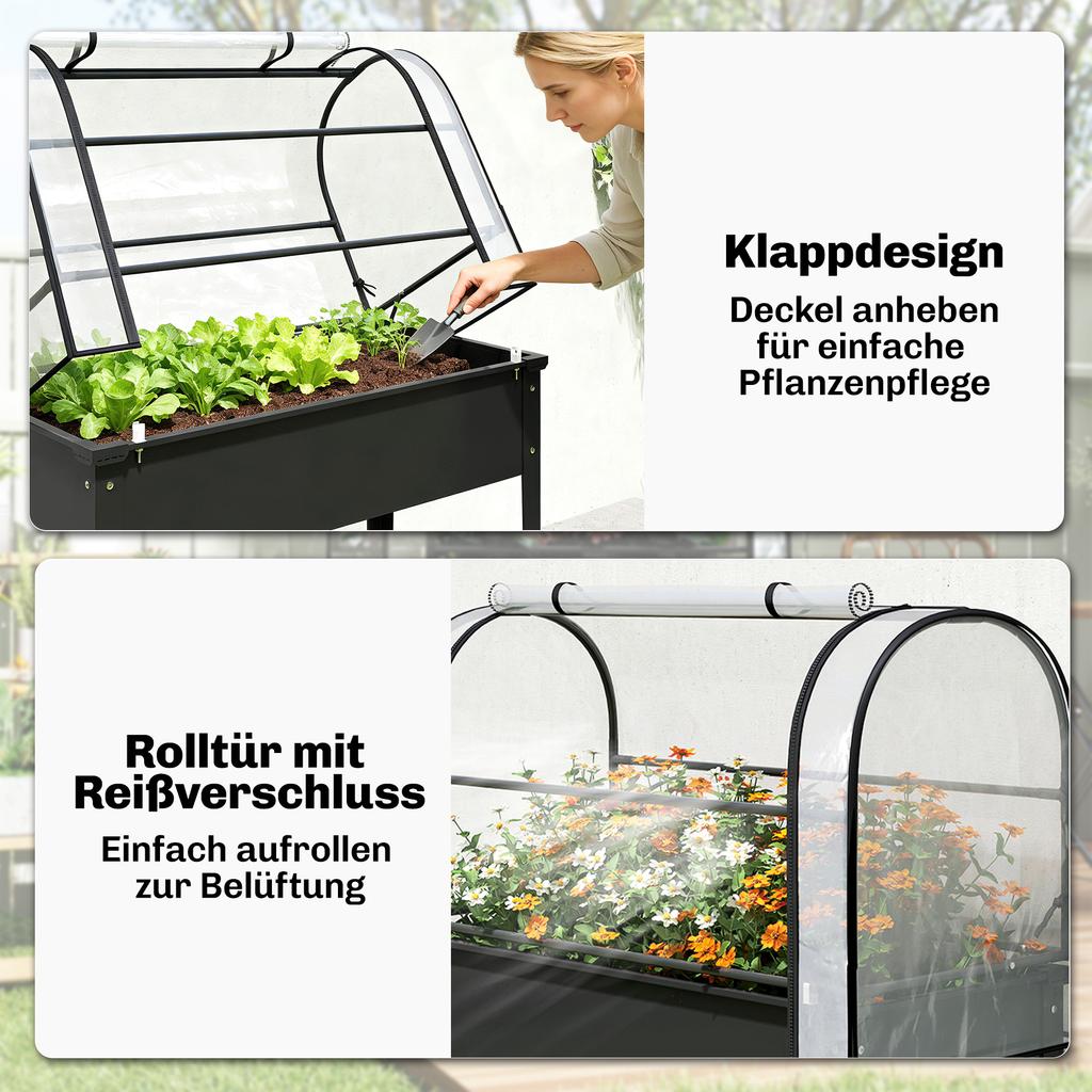 Raised Planter with Flip-Up Greenhouse Cover, Metal Raised Garden Bed On Legs with Drainage Hole, Black