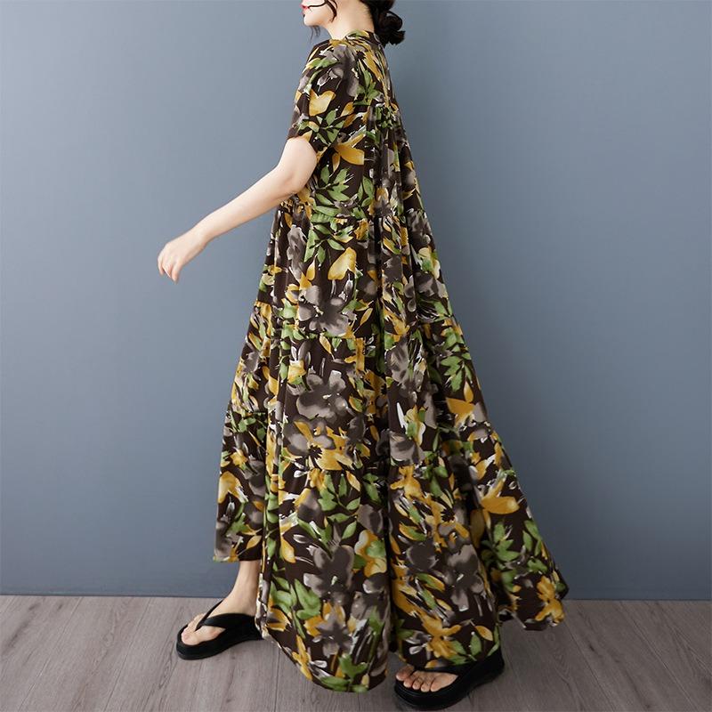 Summer New Round Neck Short-sleeved Single-breasted Casual Vacation Loose Pendulum Bohemian Foreign Trade Dress Women