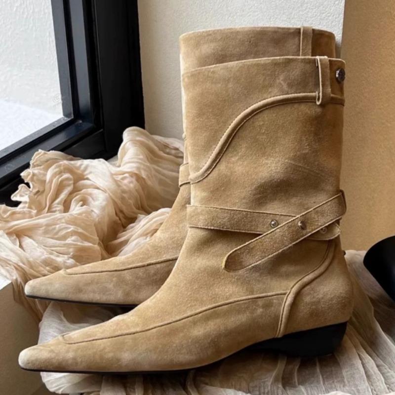 Fashion 2025 Winter New Suede Ankle Boots Women Fashion Retro Pointed Toe Belt Buckle Design Wedge Cowboy Boots Botines Para Mujeres
